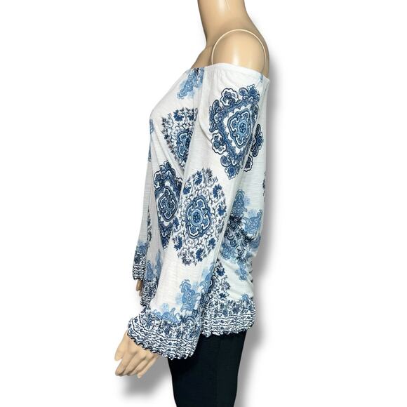 INC International Concepts Womens Blouse Top Shirt Floral Geo Print Blue White - Picture 4 of 8